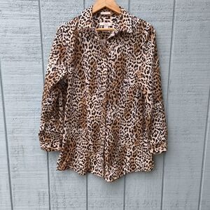 y2k Chico's No Iron Button Down Cheetah Tunic sz M Brown Black Office Siren Mob